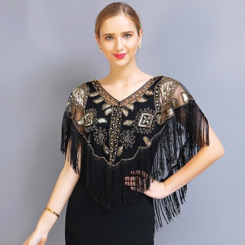 BEAMARKER Damen 1920s Schal Wickel Schwarz Pailletten Perlen Flapper Abendschals Elegant Kurz elet Umhang Cover Up Wraps Shrug Für Formelle Abendkleider Party Hochzeit Braut Brautjungfer e