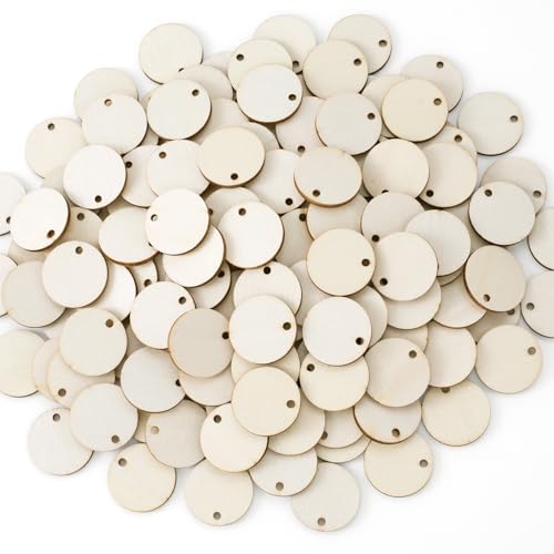 OIIKI 150pcs Unfinished Wood Circle for Crafts, 1 Inch Blank Hanging Wooden Discs with Holes, Natural Wood Circles Disc Cutout for Signs DIY Crafts Decoration- Wood Color