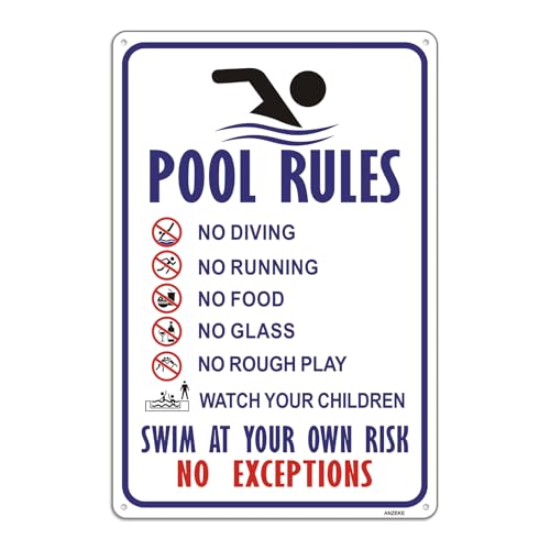 ANZEKE Pool Rules Sign, 12"x8" Pool Sign, No Diving Signs
