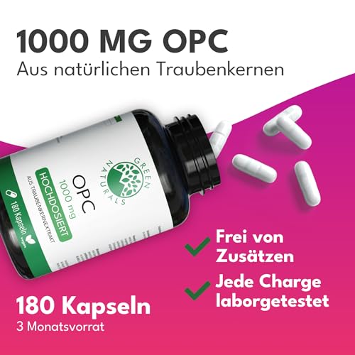 Green Naturals® OPC Traubenkernextrakt hochdosiert – 1.250 mg Extrakt mit 1.000 mg OPC pro Tagesdosis – Vegan & frei von Zusatzstoffen – 180 Kapseln (3 Monate)
