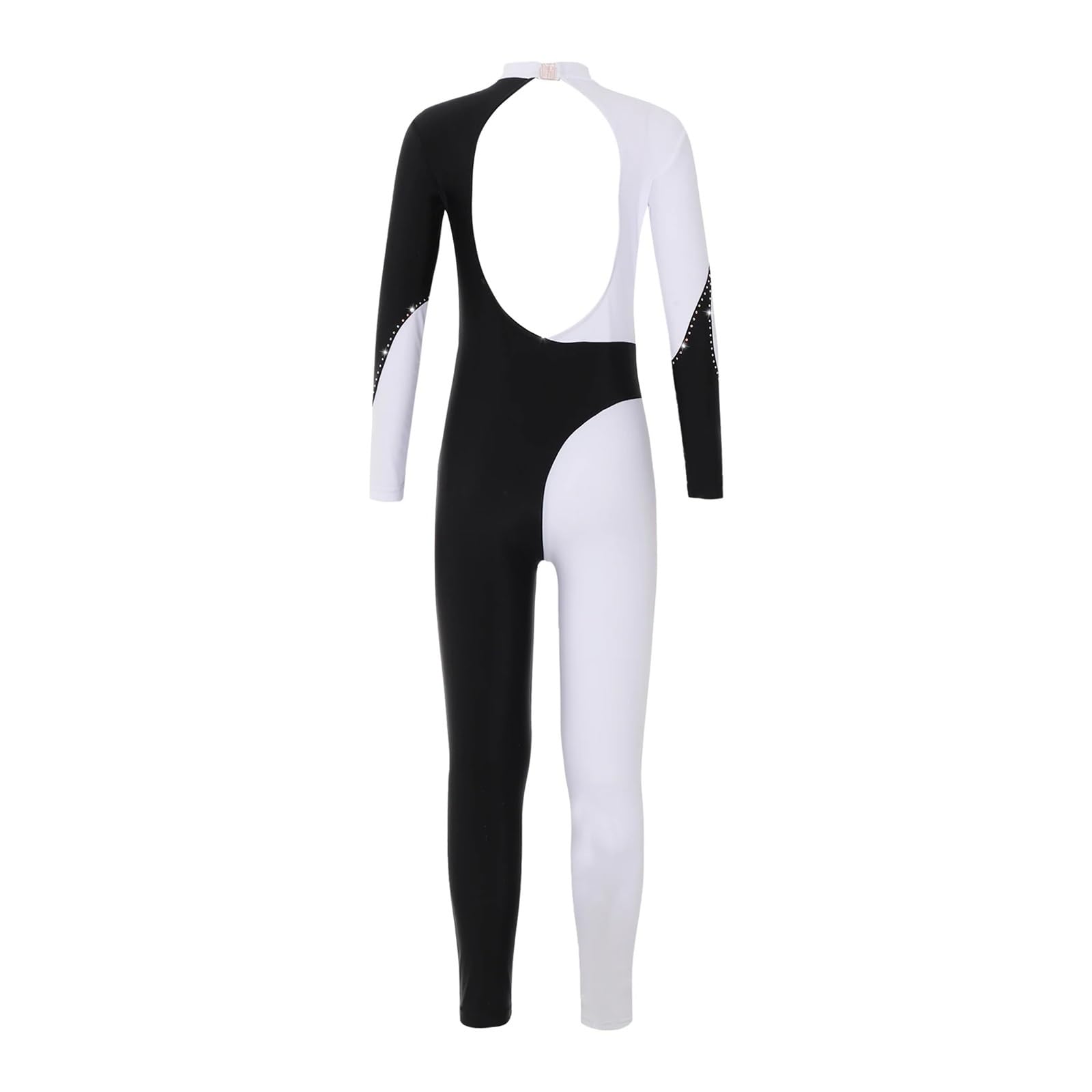 Justocorp De Gym Fille Combinaison de gymnastique for adolescentes, manches longues, strass brillants, body de gymnastique for patinage sur glace, justaucorps de danse de Ballet(Black White,8)