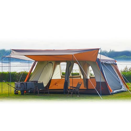 KTT Extra Large Tent 12 Person,Family Cabin Tents,Awning,2 Rooms,4 Doors and 4 Windows with Mesh,Straight Wall,Waterproof,Double Layer,Big Tent for Outdoor,Picnic,Camping,Family Gathering(Brown)