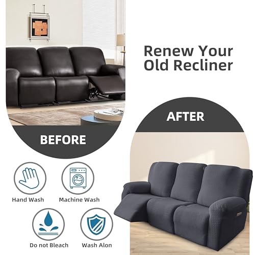 Image of Genina Recliner Sofa Covers - Stretch Reclining Couch Covers with Stripe Jacquard - 3 Seat Cushion Slipcovers with Soft Fabric - Furniture Protector for Pet Kid (Dark Gray)