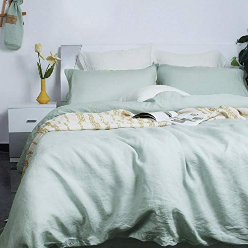 S VICTORY SYMBOL Pure Linen Quilt Duvet Cover Set Stone Washed Bedding Set Comforter Cover with Button Closure and Corner Ties(Water Blue,King),Soft Breathable Durable Comfortable - Thumbnail 3