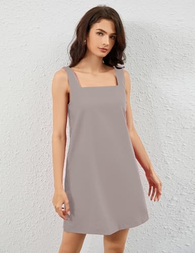 Image of Burtell Summer Sleeveless Cotton Linen Mini Dresses for Women Casual Square Neck Backless Short Dress Solid Tank Shift Dress