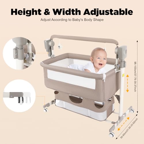 Smart Baby Bassinet Bedside Sleeper with Auto Rocking, 5 Swing Speeds & 3 Timer Settings, Bluetooth Music, Height Adjustable (18.1-19.7in), 44lbs Capacity for Newborns 0-24 Months, Khaki