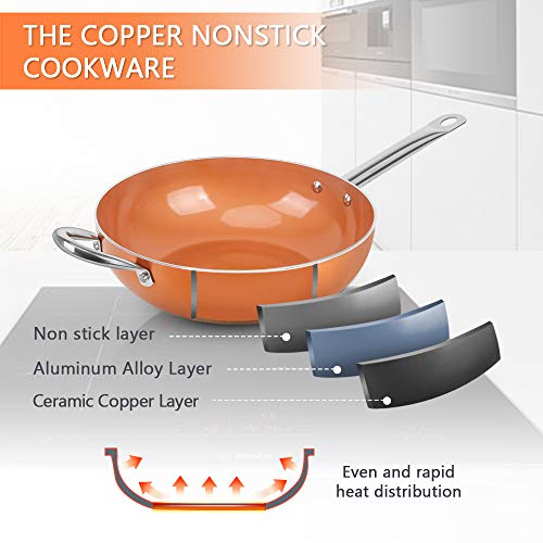 Shineuri 12 Inch Nonstick Copper Wok And Stir Fry Pan With Lid, Copper Nonstick Wok With Lid, Copper Fry Wok Copper Pan Copper Skillet, Induction Compatible - 12 Inch Wok Pan With Lid & Steamer Basket #TOP3