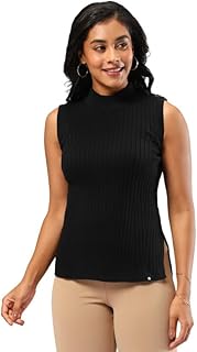 BlissClub Move All Day Sleeveless Top, 100% Cotton,Turtleneck Collar,High Side Slits,Versatile