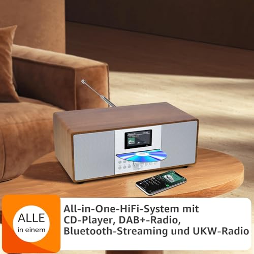 MangoKit MS4+ CD Player DAB Radio HiFi System I Bluetooth I Stereoanlage Kompaktanlage I Akustisches Holzgehäuse I CD Player mit Lautsprechern I 40 Presets,Kopfhöreranschluss I Walnuss