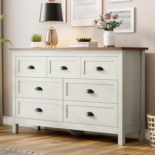Wananlanen Antique White 7 Drawer Dresser for Bedroom, Farmhouse Wood Chest