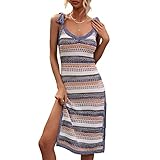Women Summer Crochet Beach Dress Striped Hollow Out Sleeveless V Neck Side Slit Colorful Sundress Co