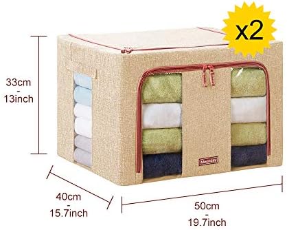 Moonday Zipped Storage Organiser Box, Huge Capacity Thick Nonwoven Bag for Bedding, Comforters, Blankets, Duvets, Clothes, Fordable Steel Frame (Twin Pack) (Beige, 66 Litre)