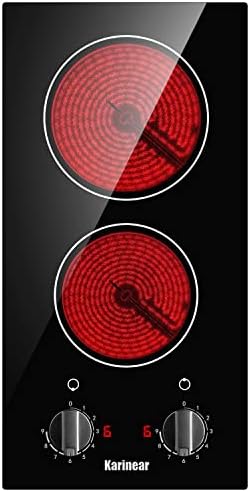 Karinear 2 Burner Electric Cooktop 12 Inch Built-in Electric Stove Top, 220v- 240v Electric Radiant Cooktop with Residual Heat Indicator, Knob Control, Over-Temperature Protection, Hard Wire(No Plug)