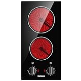 Karinear 2 Burner Electric Cooktop 12 Inch Built-in Electric Stove Top, 220v- 240v Electric Radiant Cooktop with Residual Heat Indicator, Knob Control, Over-Temperature Protection, Hard Wire(No Plug)