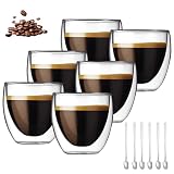 WDKXCN Tasse Expresso Double Paroi, Lot de 6 Verres à Latte Macchiato avec 6 Cuillères, 80ml Tasse a Cafe Double Paroi, Tasse Cappuccino, Mug Transparent pour Cappuccino, Latte, Thé & Jus