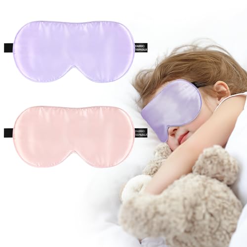 Pink and purple kids' silk sleep mask two-pack — the only pick that pairs a mulberry-silk fill claim with a child-sized cut.