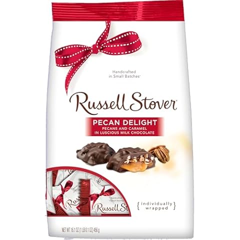 Russell Stover Pecan Delight Gusset Bag 16.10 Ounce Russel Stover Milk Chocolate Covered Candy Pack, Crunchy Pecans and Buttery Caramel Covered In Sweet Milk Chocolate Candy, Individually Wrapped Cover