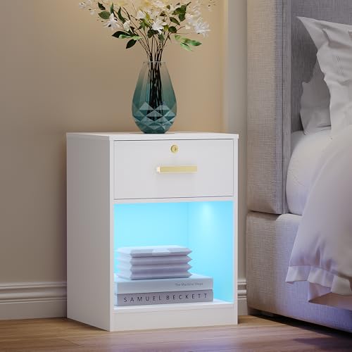 Hzuaneri Mesilla de Noche, Mesa Auxiliar con Luz LED Ajustable, 1 Cajón con Cerradura, Espacio Abierto, Minimalista Moderna, 35 x 40 x 55 cm, Blanco NS36803X