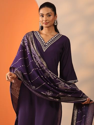 Image of Libas Purple yoke design Silk Blend Straight Kurta set for Women | daily wear suit