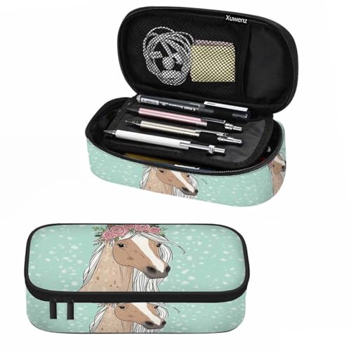 Image of Horse Flowers Pencil Case Rose Floral Peony Cartoon Animal Green Pencil Bag Pen Markers Pouch Holder Organizer for Boy Girl School Students