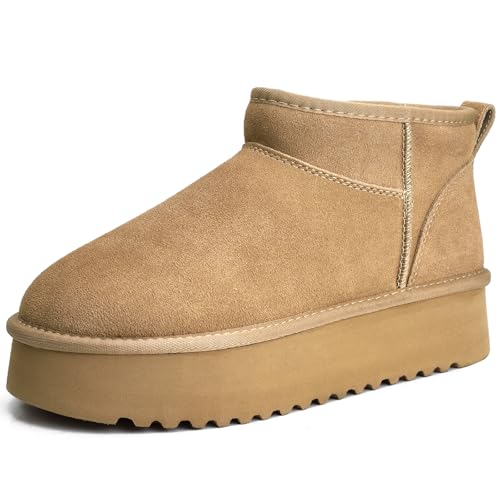 XIXITIAO Mini Boots,Cloud Genuine Suede Ankle Boots for Women,Platform Wool Snow Boots with Memory Foam,Classic Winter Boots for Women,Comfortable Trending Shoes Taupe 8.5