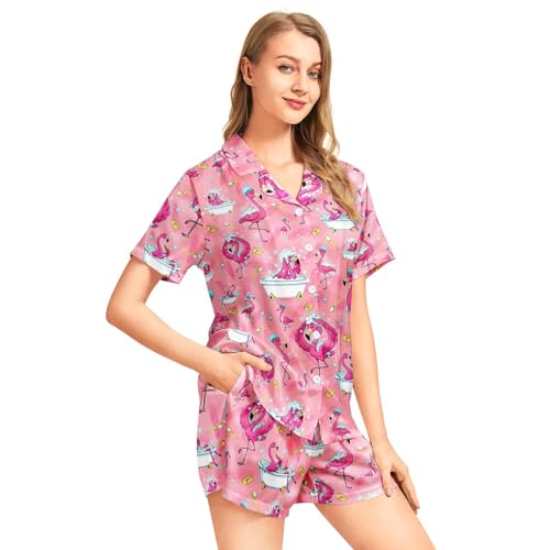 Image of Funny Pajamas for Women Set Print Satin Loungewear Pjs Short Sleeve Button Down Top and Shorts Sets Sleepwear XS-3XL
