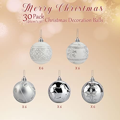 Christmas Tree Baubles Silver and White 6cm 30pcs, Shatterproof Christmas Baubles for Christmas Tree Decorations, Christmas Balls Ornaments for Home Xmas Decorations Set for Christmas, New Year