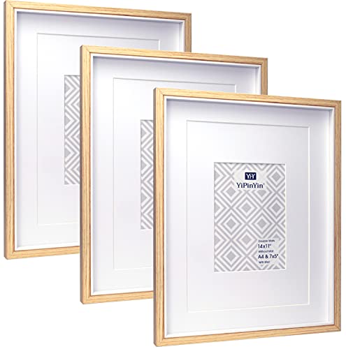 Juego de 3 marcos de fotos de madera y blanco de 28 x 35 cm, con soportes dobles para fotos A4 y 7 x 5 pulgadas, madera y blanco en dos tonos en caja A4, 3 paquetes para montaje en pared.