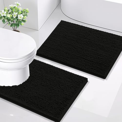 Image of Smiry Bathroom Rugs Set 2 Piece, Soft Absorbent Chenille Bath Mat and U-Shaped Toilet Rug Set, Non Slip Shaggy Bath Carpet for Tub, Shower and Floor (24x16+24x20, Black)