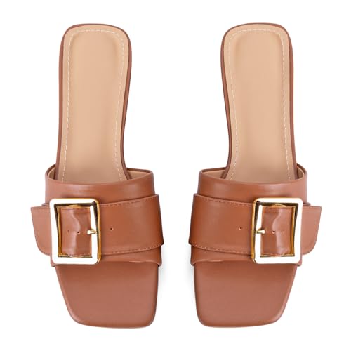 Image of Women's Slide Heeled Sandals Opened Square Toe Chunky Block Heel Slippers with Buckle Slip on Casual Comfortable Pumps