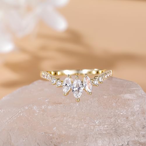 SHINYSO 14K Gold Plated Wedding Band for Women Thin Stackable Ring Dainty Curved Marquise Cubic Zirconia Eternity Engagement Promise Ring Size 4-102