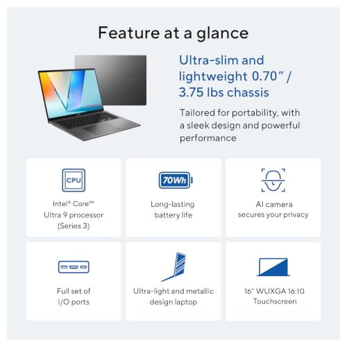Image of ASUS Vivobook S16 Laptop (2026), 16 inch 16:10 WUXGA Touch Display, Intel Core Ultra 9 386H Processor, Intel Arc Graphics, 32GB RAM, 1TB SSD, WiFi 6, Windows 11 Home, Matte Gray, S3607AA-DS99T