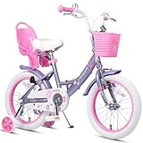 Glerc Maggie 子供用自転車 女の子用 キッズバイク 幼児乗り練習 花柄 かご付き 補助輪付き こども三輪 ぬいぐるみ座席付き vブレーキ 4～7歳 16インチ ピンク＆パープル