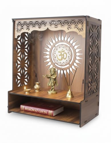 Image of Royal Walnut Finish Wooden Pooja Mandir | Wall Mounted Home Temple with LED Lights & Spacious Storage | Premium Handcrafted Puja Unit (37.5 * 29 * 25 CM) (Large) A6