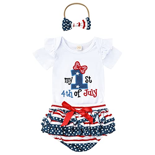HengShunRui My First 4th of July Baby Girl Outfits Letter Print Romper + Ruched Shorts + Headband Clothes Set