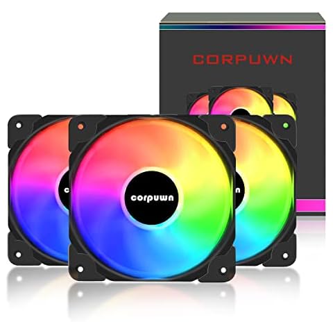 corpuwn 3 Pack 140mm ARGB Case Fans Nine-Blade High Airflow PWM Computer Cooling Fan Sealed Bearing 3-Pin Customizable LED Fans with Hub＆Rubber dampening Cover