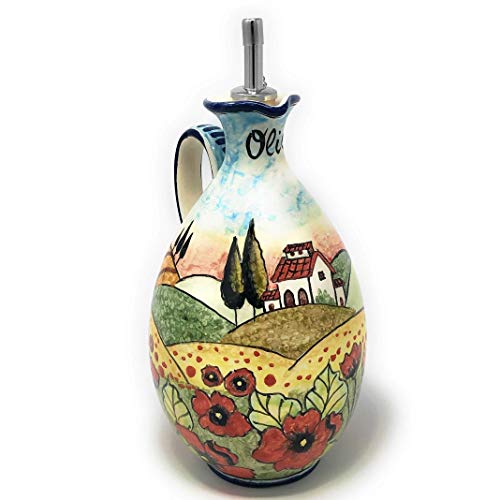 CERAMICHE D'ARTE PARRINI - Italian Ceramic Art Pottery Oil Dispenser Cruet Pattern Landscaper Poppies Tuscan Hand Painted Made in ITALY