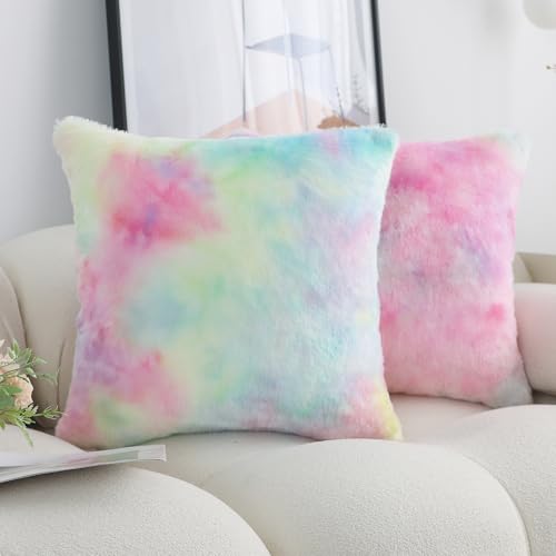Labilin Faux Fur Fluffy Cushion Covers 2 Pack Double-sided Plush Decorative Throw Pillow Cover Soft Velvety Couch Cushion Covers 18x18 Rainbow Luxury Pillowcases for Living Room Home Decor