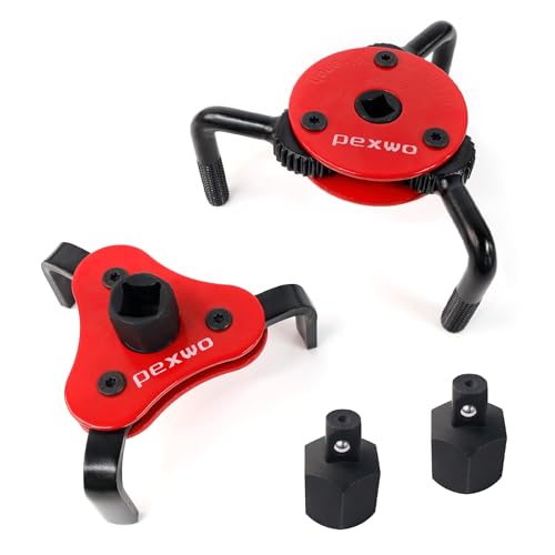 pexwo 2-Piece 3-Jaw Adjustable Oil Filter Wrench Set - Universal Fit for 2-1/2" to 5-1/2" Filters, 3/8" and 1/2" Both Drive