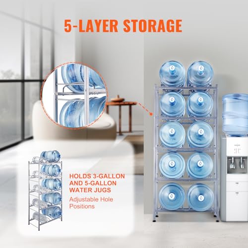 VEVOR 5 Tiers Water Jug Holder, 5 Gallon Water Bottle Holder, Double Row Water Bottle Rack for 10 Bottles, Heavy Duty Water Jug Rack for Kitchen, Office, Living Room, Silver Gray by VEVOR - Image 3