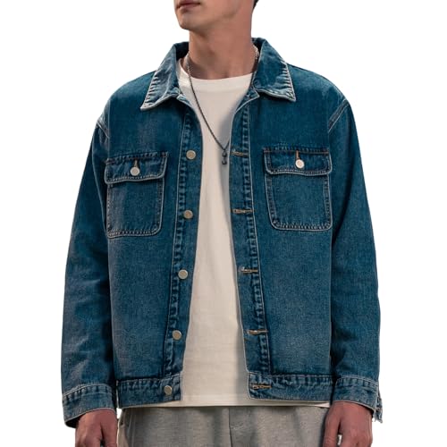 ZVX Denim Jacket Men Vintage Autumn and Winter Tops Mens Denim Trucker Jacket Light Blue Medium