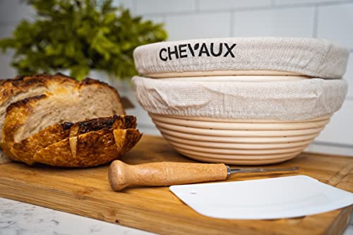 Chevaux Banneton Bread Proofing Basket Set, 2 Round 9 Inch Rattan Sourdough Baskets With 2 Linen Liners + Dough Scraper + Bread Lame + 5 Blades, Artisan Sourdough Bread Baking Supplies #TOP5
