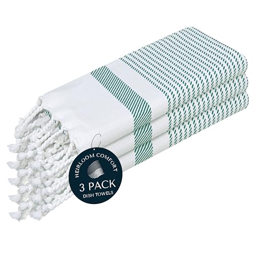 HEIRLOOM COMFORT Turquiose Green Turkish Kitchen Towels 16"x26", 3 Pack, 100% Cotton, Ultra Absorbent, Soft, Fast Dry, Machine Washable, Dish Towel with Tassels for Drying Dishes, Cleaning, Wiping