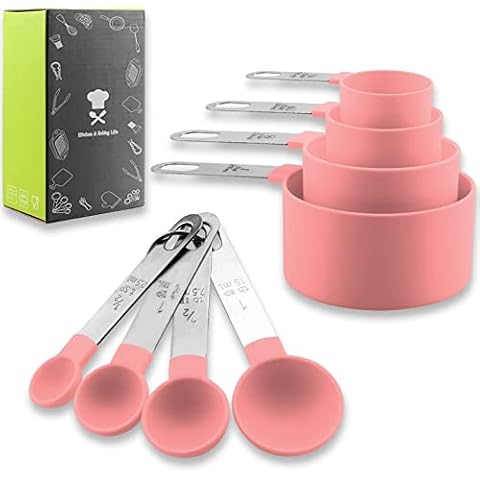 Measuring Cups and Spoons Set, 8 Pieces Measuring Cups and Measuring Spoons with Stackable Stainless Steel Handle Measure Dry or Liquid Ingredients Measuring Set for Kitchen Cooking and Baking (Pink) Cover