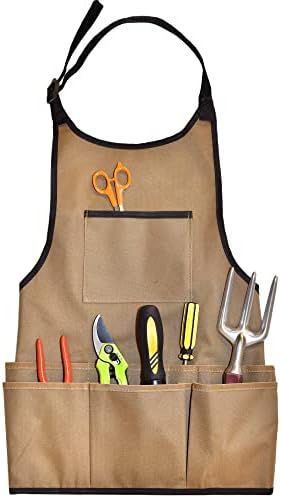 Gardening Apron With Pockets on Chest and Belt for Gardening Tools, Accessories and Fasten Belt with Adjustable Neck, Oxford Cloth Apron for Men & Women