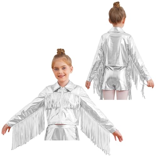 JEATHA Kids Girls Shiny Metallic Jacket Tassels Fringe Long Sleeve Zipper Coat for Hip Hop Jazz Dance Party