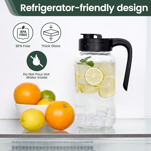 Image of Mason Jar Pitcher, 2 pcs 64 oz (2 quart), Glass Pitcher with Lid | Airtight, Leak proof, Ergonomic Handle, Pour Spout Lid, Fridge Safe, for Sun Tea, Iced Tea, Cold Brew, Lemonade, Outside