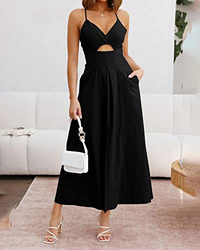 Btfbm Women 2023 Summer Spaghetti Strap Dress Sleeveless V Neck Cutout Slit Casual Beach Party Maxi Dresses With Pockets(Solid Black, Medium) #TOP7