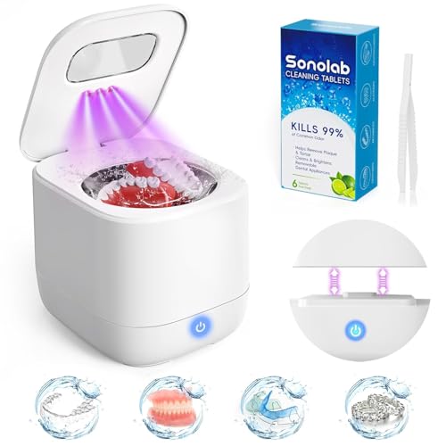 Sonolab Ultrasonic Retainer Cleaner Machine with Removable Tank and Cleaning Tablets, 45kHz Sonic Dental Cleaning Pod, 240ml Large Capacity Ultrasonic UV Cleaner for Dentures, Aligners, Mouth Guards