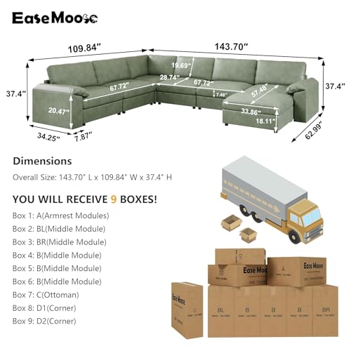 Image of EASE MOOSE Faux Leather Sectional with Ottoman,Oversized Modular Couch,Vintage Modular Sectional Sofa with Deep Seat,Scratch Resistant Faux Leather Material,U Shaped Couch for Big Spaces, Green